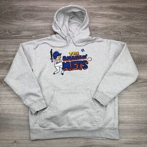 New York Mets Hoodie Mens Medium Gray Baseball Doodle Graphic Sweatshirt 7 Line